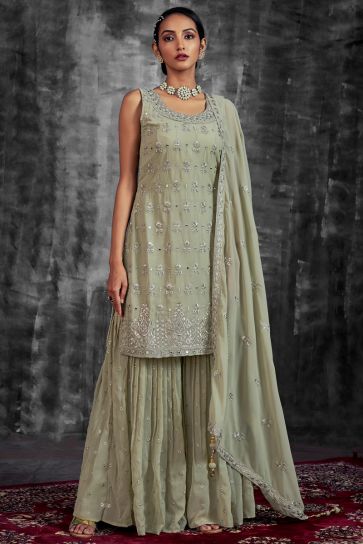 Sea Green Color Georgette Fabric Function Look Classic Sharara Suit