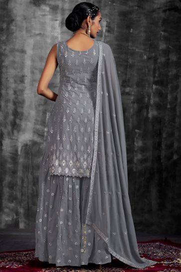 Grey Color Georgette Fabric Adorming Function Look Sharara Suit