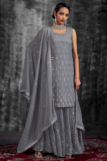 Grey Color Georgette Fabric Adorming Function Look Sharara Suit