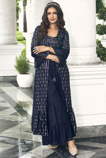 Navy Blue Color Party Wear Embroidered Readymade Designer Sharara Style Palazzo Suit In Georgette Fabric