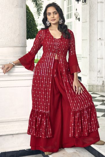 Sangeet Wear Embroidered Readymade Designer Sharara Style Palazzo Suit In Georgette Fabric Red Color