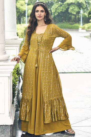 Embroidered Mustard Color Wedding Wear Readymade Designer Sharara Style Palazzo Suit In Georgette Fabric