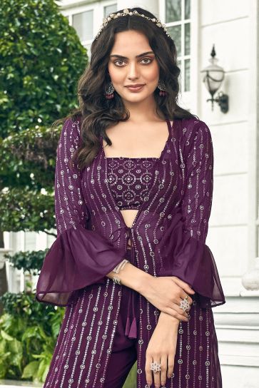 Georgette Fabric Reception Wear Embroidered Readymade Designer Sharara Style Palazzo Suit In Purple Color