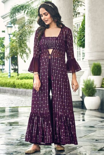 Georgette Fabric Reception Wear Embroidered Readymade Designer Sharara Style Palazzo Suit In Purple Color