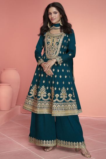 Sangeet Wear Embroidered Readymade Palazzo Salwar Kameez In Art Silk Fabric Teal Color