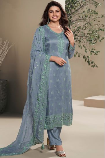 Prachi Desai Art Silk Fabric Grey Color Supreme Embroidered Salwar Suit