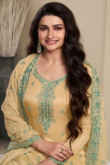 Prachi Desai Excellent Art Silk Fabric Cream Color Embroidered Salwar Suit