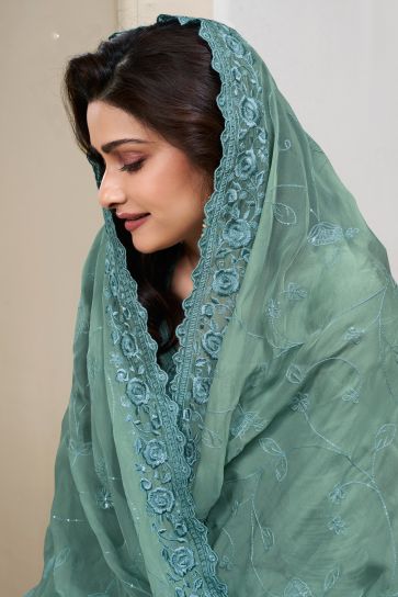 Prachi Desai Sea Green Color Art Silk Fabric Elegant Embroidered Salwar Suit