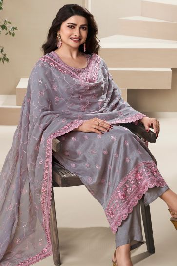 Prachi Desai Lavender Color Art Silk Fabric Tempting Embroidered Salwar Suit