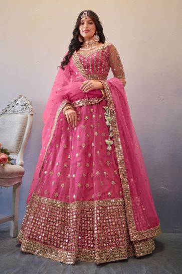 Net Fabric Sequins Work Pink Color Ingenious Lehenga