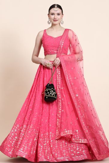 Georgette Fabric Pink Color Elegant Sequins Work Lehenga