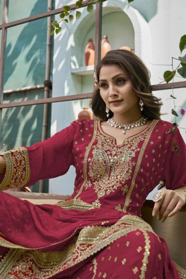 Chinon Fabric Rani Color Fantastic Function Wear Readymade Palazzo Suit