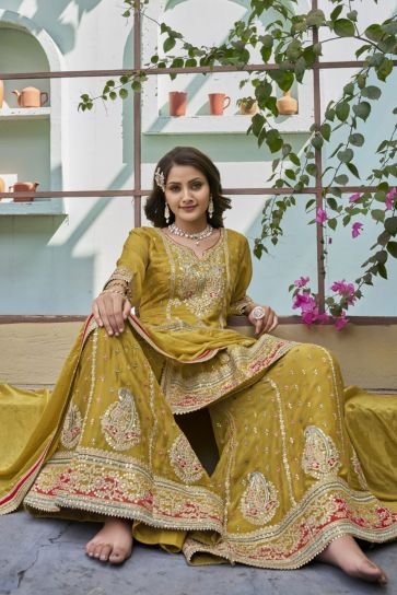 Chinon Fabric Yellow Color Graceful Function Wear Readymade Palazzo Suit