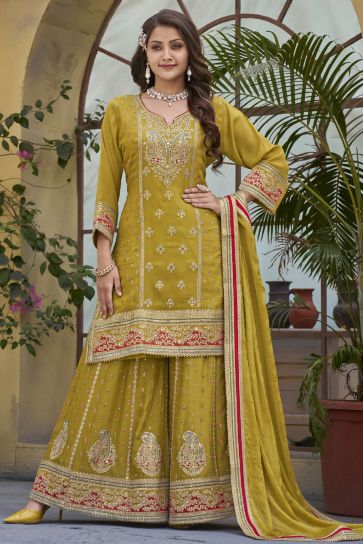 Chinon Fabric Yellow Color Graceful Function Wear Readymade Palazzo Suit