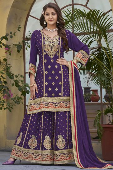 Purple Color Chinon Fabric Gorgeous Function Wear Readymade Palazzo Suit