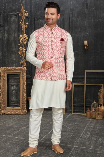 Cotton Fabric Kurta Pyjama With Nehru Jacket Jacket In Artistic Off White Color
