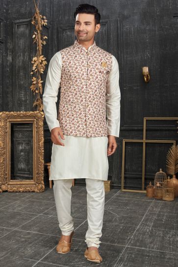 Intriguing Off White Color Kurta Pyjama With Nehru Jacket Jacket In Cotton Fabric