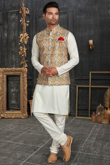 Off White Color Cotton Fabric Royal Kurta Pyjama With Nehru Jacket Jacket