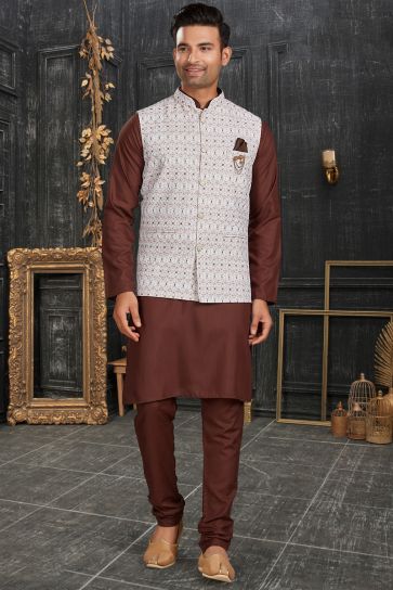 Brown Color Cotton Fabric Engrossing Kurta Pyjama With Nehru Jacket Jacket