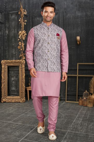 Pink Color Provocative Kurta Pyjama With Nehru Jacket Jacket In Cotton Fabric