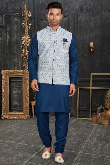 Captivating Cotton Fabric Kurta Pyjama With Nehru Jacket Jacket In Blue Color