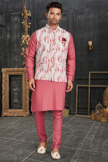 Adorning Pink Color Cotton Fabric Kurta Pyjama With Nehru Jacket Jacket