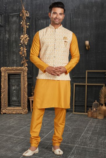 Mesmeric Mustard Color Cotton Fabric Kurta Pyjama With Nehru Jacket Jacket