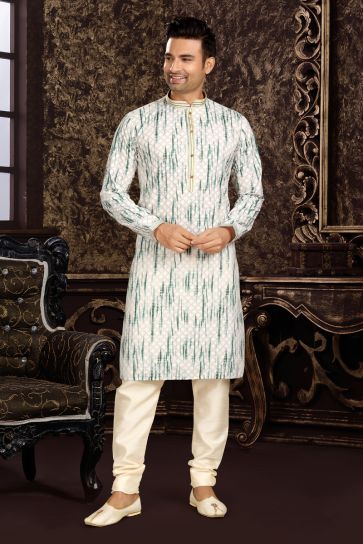 Printed Attractive Readymade Men Kurta In Off White Color