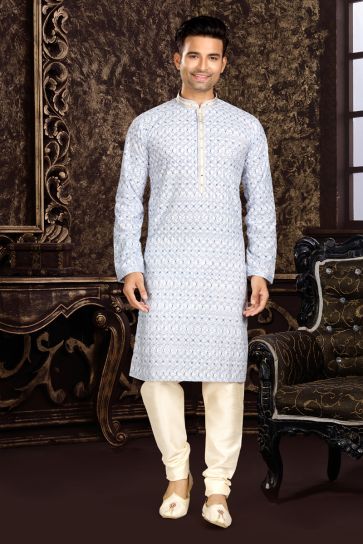 White Color Readymade Glamorous Kurta For Men In Cotton Fabric