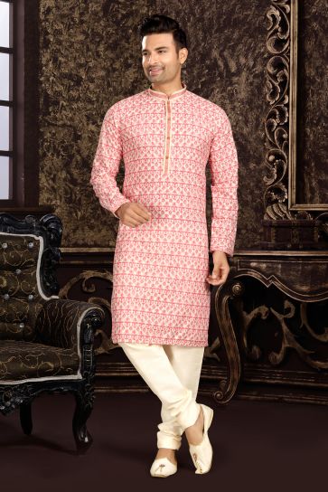 Pink Color Cotton Fabric Artistic Readymade Men Kurta