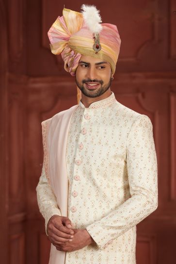 Cream Color Pure Silk Fabric Wedding Wear Readymade Sherwani For Men