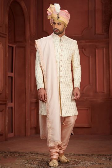 Cream Color Pure Silk Fabric Wedding Wear Readymade Sherwani For Men