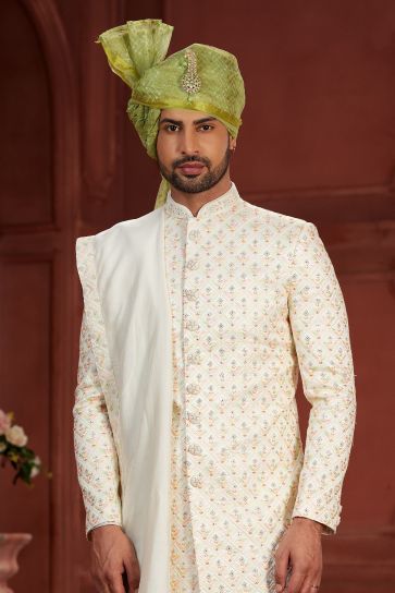 Pure Silk Fabric Beige Color Designer Readymade Sherwani For Men