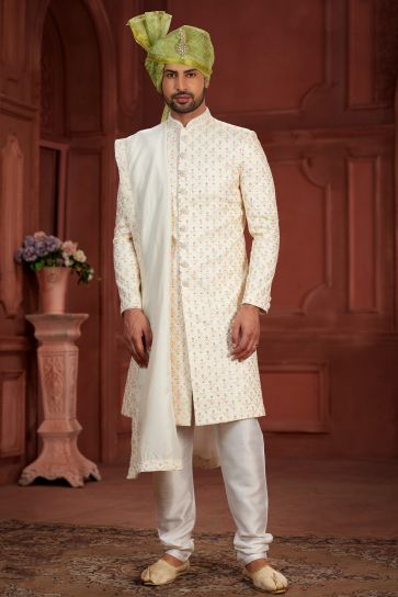 Pure Silk Fabric Beige Color Designer Readymade Sherwani For Men