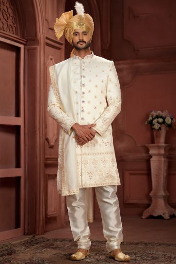Trendy Wedding Wear Off White Color Readymade Sherwani In Pure Silk Fabric