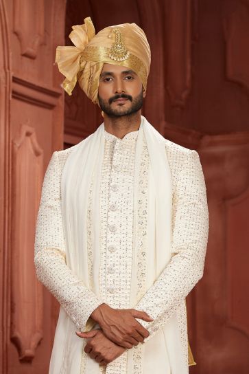 Cream Color Radiant Wedding Wear Readymade Sherwani