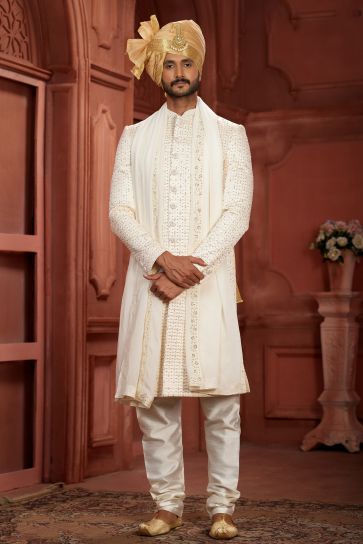Cream Color Radiant Wedding Wear Readymade Sherwani