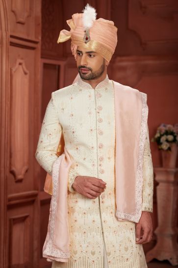 Cream Color Traditional Look Pure Silk Fabric Wedding Wear Readymade Sherwani