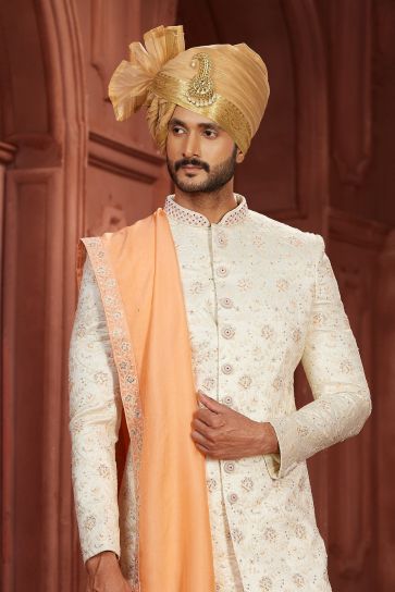 Reception Wear Cream Color Pure Silk Fabric Readymade Stylish Sherwani