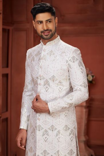 White Color Pure Silk Fabric Wedding Wear Readymade Alluring Sherwani