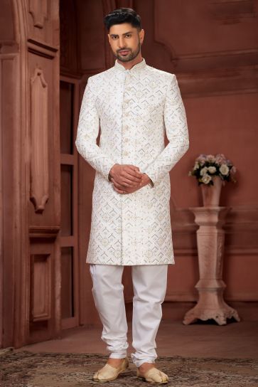Pure Silk Fabric White Color Wedding Wear Royal Readymade Sherwani