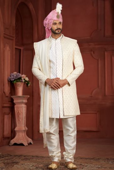Cream Color Sangeet Function Wear Pure Silk Fabric Readymade Elegant Sherwani