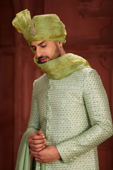 Wedding Wear Pure Silk Fabric Readymade Sea Green Color Special Sherwani