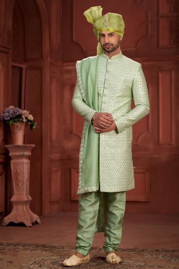 Wedding Wear Pure Silk Fabric Readymade Sea Green Color Special Sherwani