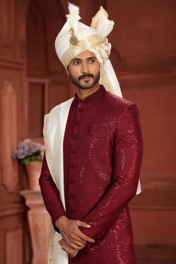 Wedding Function Readymade Maroon Color Sober Sherwani In Pure Silk Fabric