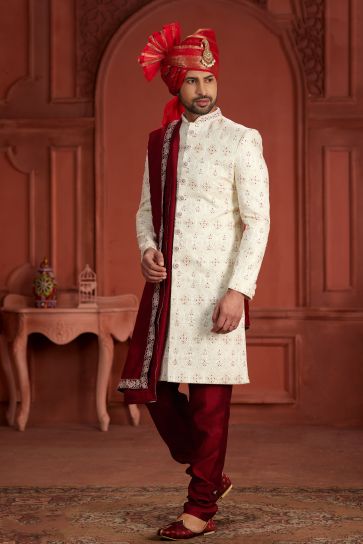 Cream Color Pure Silk Fabric Wedding Wear Readymade Dashing Sherwani