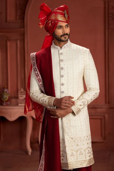 Pure Silk Fabric Cream Color Wedding Wear Readymade Coveted Sherwani