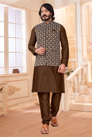 Captivating Brown Color Art Silk Sangeet Wear Readymade Kurta Pyjama With Trendy Jacket