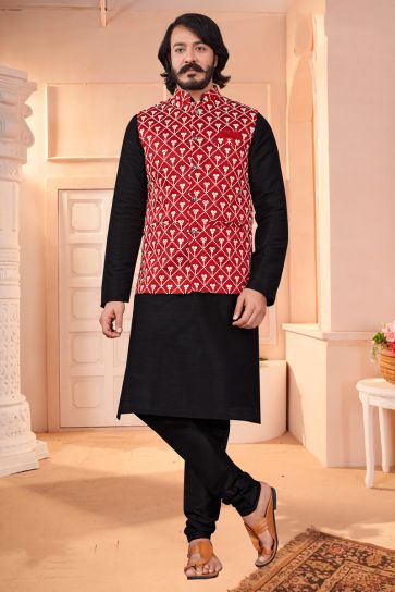 Striking Black Color Art Silk Function Wear Readymade Kurta Pyjama With Stylish Jacket