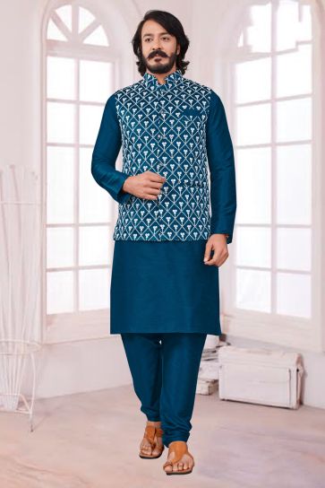 Stunning Teal Color Art Silk Festive Wear Readymade Kurta Pyjama With Trendy Jacket